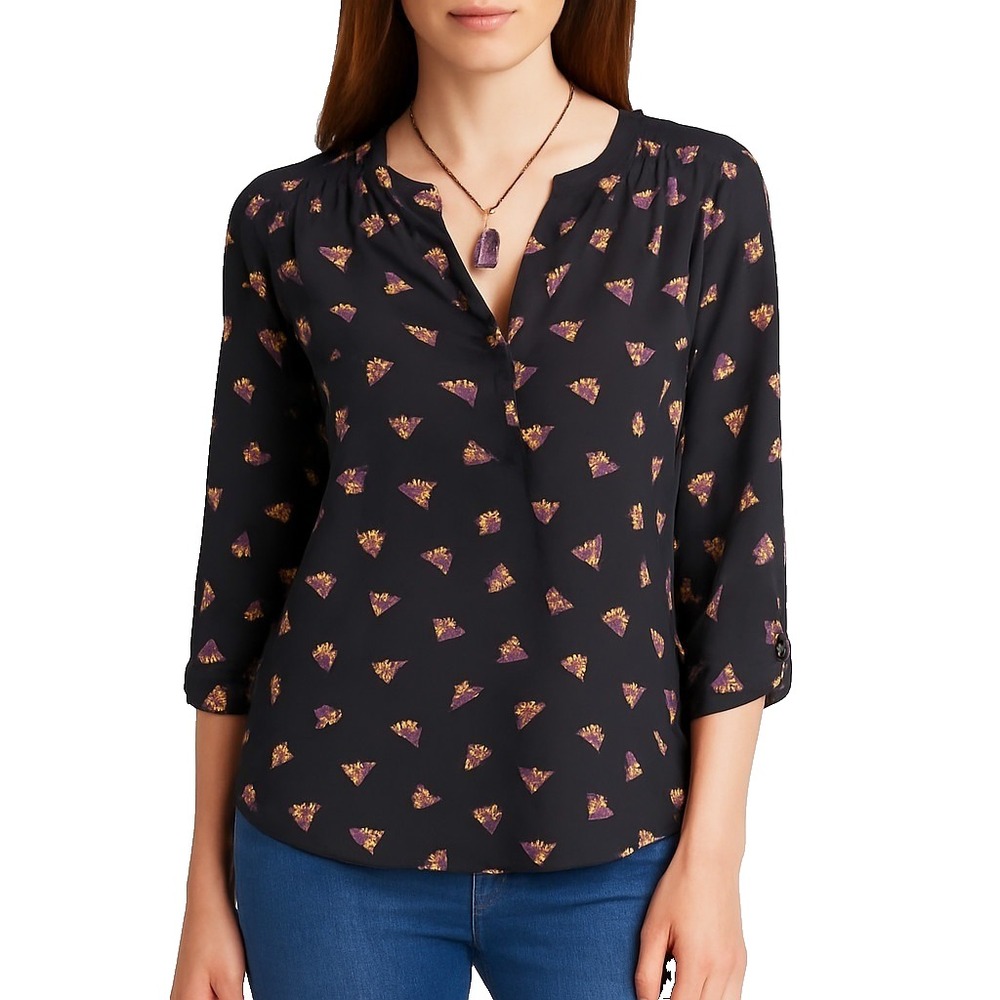 Daniel Rainn Womens S Boho Black Blouse 3/4 Sleeve Lightweight Printed Top